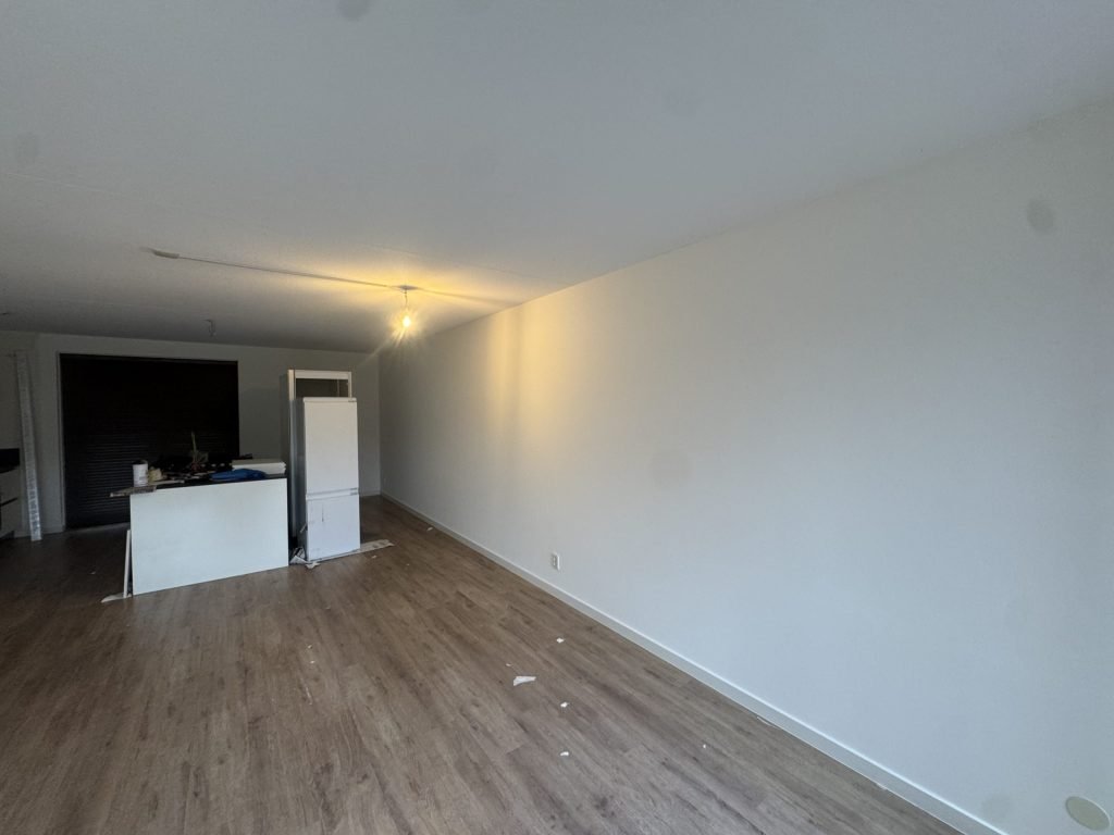 Woonkamer met laminaatvloer, lange gladde wand en een keukenblok achterin
